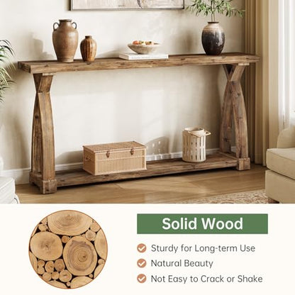Solid Wood Console Table for Entryway, 63-Inch Narrow Farmhouse Couch Table Behind Sofa with 2-Tier Storage for Entrance, Foyer, Living Room, Long, Rustic Brown