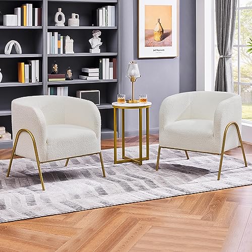 Yaheetech Accent Chair Set of 2, Armchair Set, Side Chairs for Living Room, Boucle Fabric Vanity Chairs with Gold Legs for Bedroom Office Reading Nook, Ivory