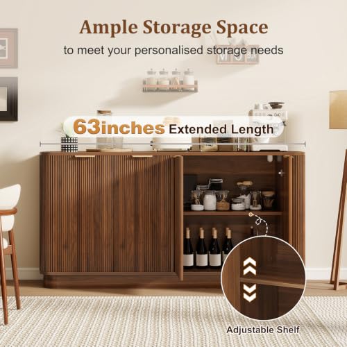 63" Fluted Sideboard Cabinet, 4 Doors, TV Stand Console, Walnut, view 6