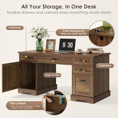 Farmhouse 59 Inch Executive Desk with Drawers, Walnut, view 6