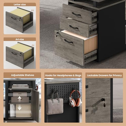 78" Executive Desk with Lockable File Cabinet, L Shaped Office Desk with Power Outlets, Large Executive Desk with Drawers and Storage Shelves, Reversible Computer Desk with Privacy Screen, Grey
