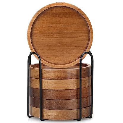 6 Pcs Best Wooden Coasters with Holder Coffee Table Decor Acacia Wood Coaster Set Modern Cup Coaster for Drink Home Dining Table Kitchen Accessories Cute Beer Bar Decorative Rustic Outdoor Coasters