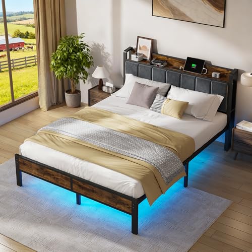 Queen Metal Bed Frame with LED Lights and Storage, view 4