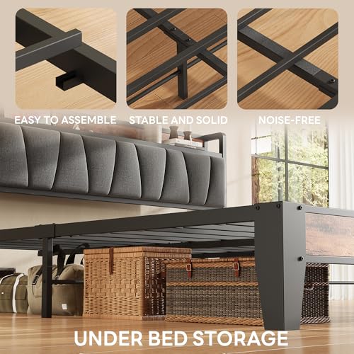 Queen Bed Frame, Storage Headboard with Charging Station, Solid and Stable, view 7