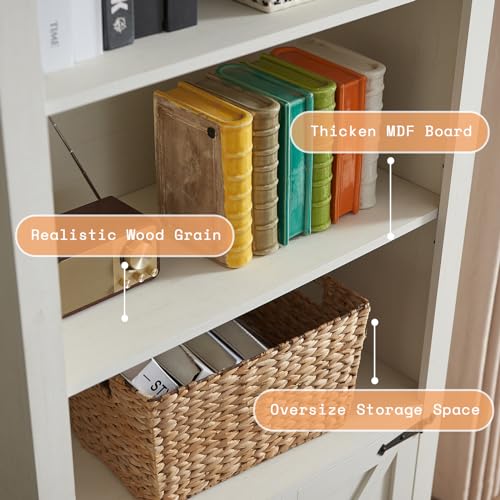 2-Piece 5-Tier Farmhouse Bookcase with Barn Doors, Rustic White, view 6