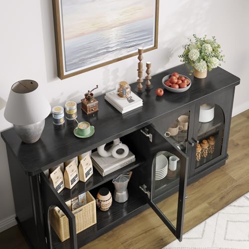 63 Inch Sideboard Buffet Cabinet with Glass Doors and 4 Doors Black, view 6