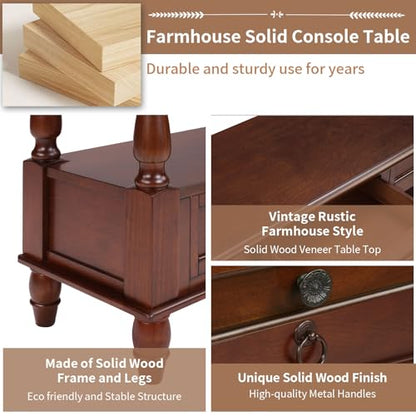 54'' Solid Wood Console Table, Farmhouse Entryway Table with 6 Drawers and Shelf, Narrow Long Sofa Table with Storage for Living Room Hallway, Couch, Foyer (Cherry)