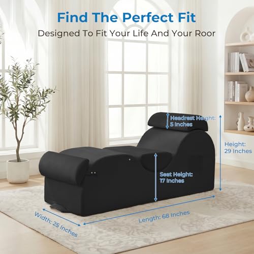 Velvet Yoga Chaise Lounge Chair Indoor with Side Pockets, Headrest, view 3