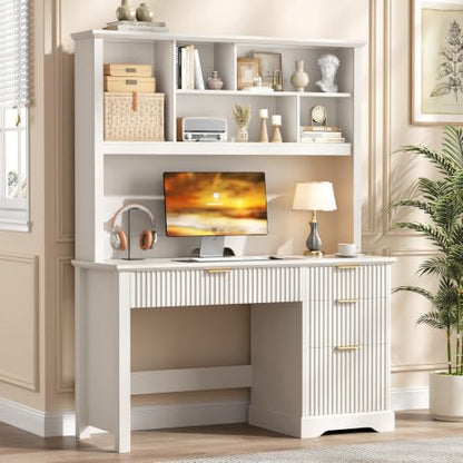 Fluted Computer Desk with Hutch and Ample File Drawer, White, view 4