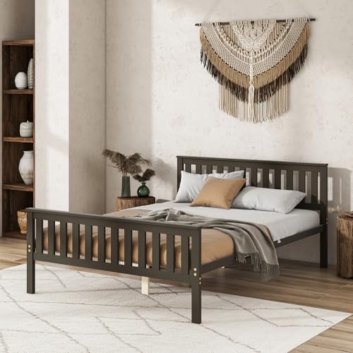 Full Size Wood Platform Bed Frame, Mid Century Full Bed Frame with Headboard, view 8