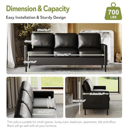 72" W Faux Leather Black Sofa 3 Seat Couch, Modern Comfy Couch with 2 USB, Small Couches for Living Room Apartment Bedroom Small Spaces, Office(Black)
