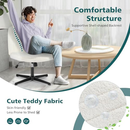Criss Cross Chairs Armless No Wheels Wide Seat Cross Legged Height Adjustable Swivel Rolling Padded Teddy Fleece Cute Home Office Desk Seating for Bedroom, Study Room, Teddy Beige No Wheel