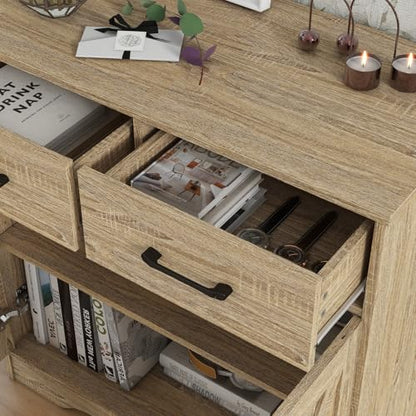 Sideboard 2 Drawers 2 Doors Entryway Storage Cabinet Living Room Organizer Farmhouse Style Wooden Kitchen Cupboard (Nature)