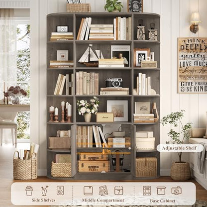 75" Tall 6-Tier Bookcase and Bookshelf with Storage, Ash Grey | Freestanding Wood Display Shelves, 47" Wide Book Shelf, Bookcase with Door, Book Storage Cabinet for Home Office, Living Room