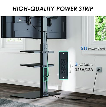Floor TV Stand for 32-75 inch TV with Power Outlet, Tall TV Mount for Bedroom Living Room with Tempered Glass Base, TV Stand with Mount Holds Up to 88lbs MAX VESA 600x400mm,Black