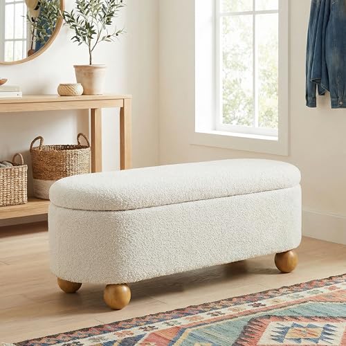 44.8" Storage Ottoman Bench End of Bed Bench with Hinge, Beige, view 2