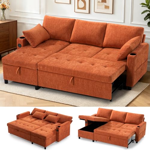 84" L-Shape Pull Out Sofa with 2 Storage Chaise, Orange | Chenille Sectional Sleeper Sofa w/Adjustable Backrest, Upholstered Reversible Couch Bed w/USB Port for Living Room, House