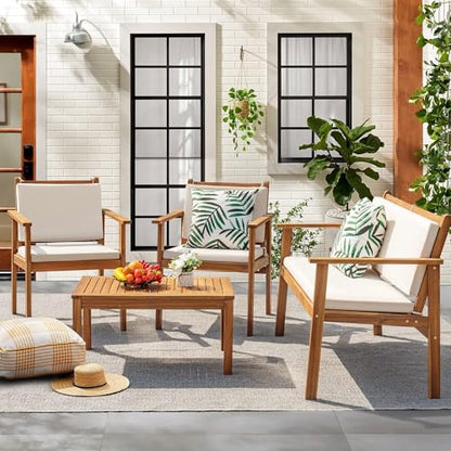 Patio Furniture 4 Piece Outdoor Acacia Wood Patio Conversation Sofa Set with Table & Cushions Porch Furniture for Deck, Balcony, Backyard