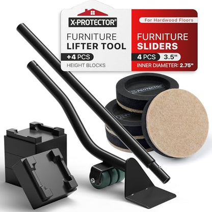 Felt Furniture Sliders for Hardwood Floors & Furniture Lifter Tool Set - 4 PCS 3 1/2" Sliders for Furniture with Furniture Jack. Move Your Furniture Easily with Premium Furniture Movers!