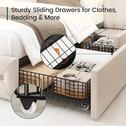 King Size Bed Frame with LED Lights and 4 Storage Drawers Linen Upholstered, view 6