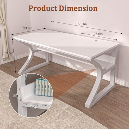 Computer Desk, 55x24 in Computer Desk, Office Desk w/Storage & U-Size Metal Frame for Home Office Bedroom Gaming, Office Desk w/Water-Resistant, Scratchproof Surface, White