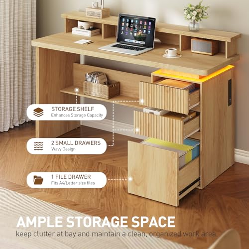 59" Executive Desk with Drawer, Fluted Computer Desk with File Drawer, Monitor Stand, Home Office Desk with Charging Station, LED Light, Fluted Computer Writing Desk for Study, Natural