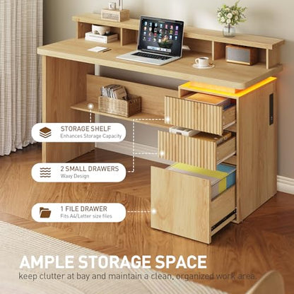 59" Executive Desk with Drawer, Fluted Computer Desk with File Drawer, Monitor Stand, Home Office Desk with Charging Station, LED Light, Fluted Computer Writing Desk for Study, Natural