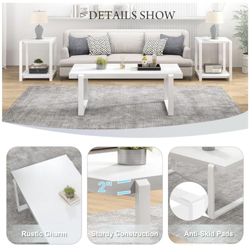 White Coffee Table, Modern Rustic Wood and Metal Center Table, Rectangle Cocktail Tea Table for Living Room, 47 Inch
