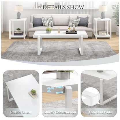 White Coffee Table, Modern Rustic Wood and Metal Center Table, Rectangle Cocktail Tea Table for Living Room, 47 Inch
