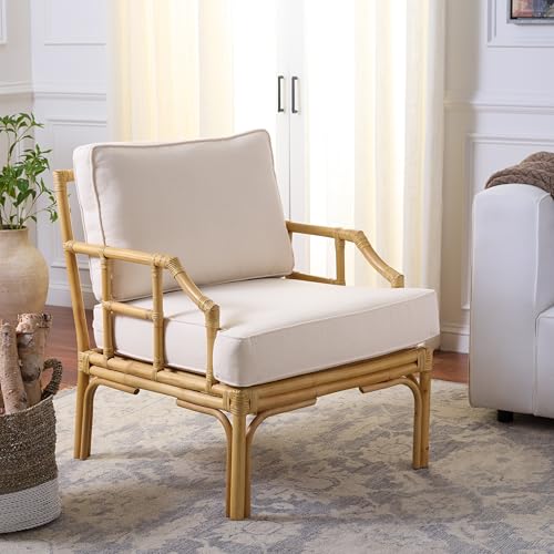SAFAVIEH Furniture - Kazumi Accent Chair - Coastal Design White Cushion & Natural Rattan - Fully Assembled - Ideal for Living Room, Bedroom, Dining Space, 19.7" Seat Height (ACH6508B)