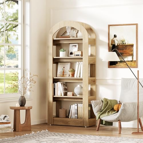 5-Tier Bookshelf, Arch-Shaped Racks, Tall Standing Wooden Bookcase Display Shelf Modern Storage Solution (2, Teak Color)