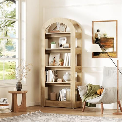 5-Tier Bookshelf, Arch-Shaped Racks, Tall Standing Wooden Bookcase Display Shelf Modern Storage Solution (2, Teak Color)