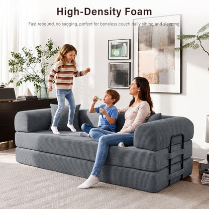 79" Convertible Sofa Bed, 5-in-1 Corduroy Boneless Couch Bed Sofa Pull Out, Memory Foam Couch, No Assembly Futon Couches for Living Room Dark Grey