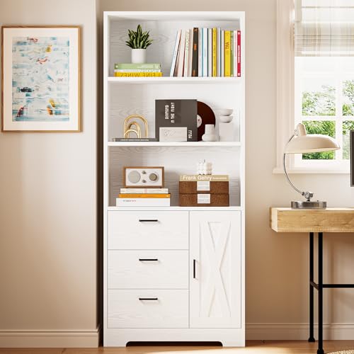 Bookshelf with Doors and 3 Drawers 71 in Tall Bookcase with 3-Tier Shelves, Industrial Book Shelf with Storage for Living Room Entrance Hallway Home Office, White