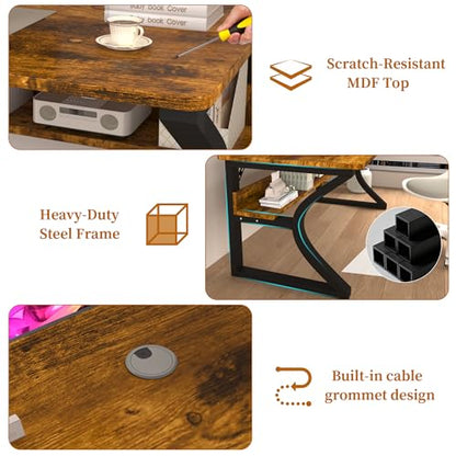 47 inch Computer Desk, Home Office Desk with Storage Shelf, Sturdy U-Shaped Metal Frame Study Table with Cable Management, Gaming Desk for Office & Bedroom, Rustic Brown