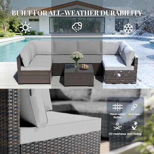 WWR Patio Furniture Set 7 Piece - All-Weather - Wicker Rattan Patio Outdoor Conversation Set, Modular Sectional Sofa for Backyard, Garden, Poolside, Balcony, Porch, Patio, Brown/Light Gray