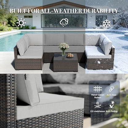 WWR Patio Furniture Set 7 Piece - All-Weather - Wicker Rattan Patio Outdoor Conversation Set, Modular Sectional Sofa for Backyard, Garden, Poolside, Balcony, Porch, Patio, Brown/Light Gray