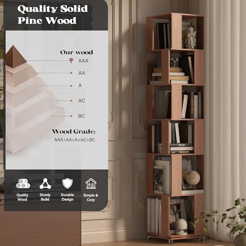 79.2-Inch 6 Tier Solid Wood Rotating Bookshelf Tower on Wheels, view 5