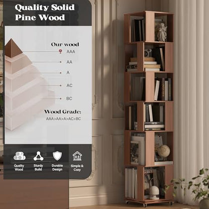79.2-Inch 6 Tier Solid Wood Rotating Bookshelf Tower on Wheels, view 5