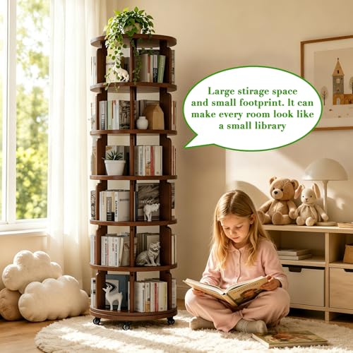 6 Tier 360° Rotating Solid Wood Bookshelf with Wheels, view 6