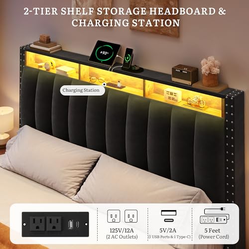 King Size Bed Frame with 4 Storage Drawers and RGB LED Lights,Black, view 7