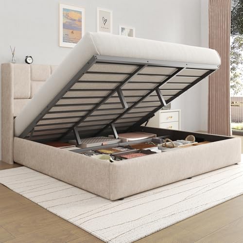 King Bed Frame with Hydraulic Gas Lift Up Storage, Linen Upholstered, view 2