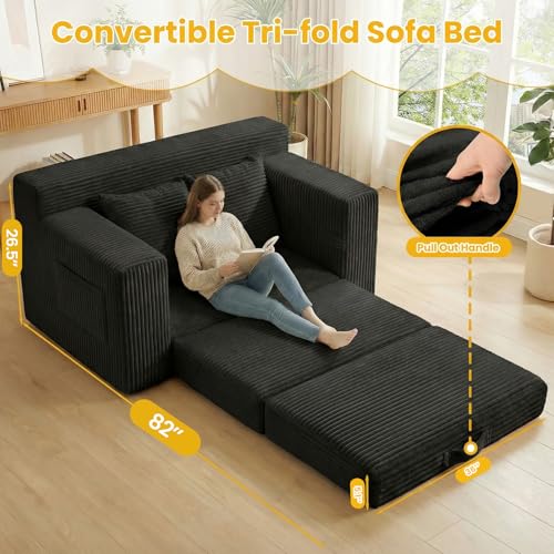 Boneless Couch,Boneless Loveseat Sleeper Sofa Bed – 3-in-1 Convertible Couch Bed with Side Pockets & Handle,Pull Out Corduroy Futon for Small Space,Living Room & Bedroom,2 Pillows Included,No Assembly