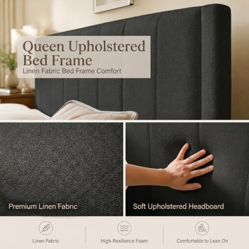 Queen Modern Upholstered Platform Bed Frame with Headboard, Black, view 6