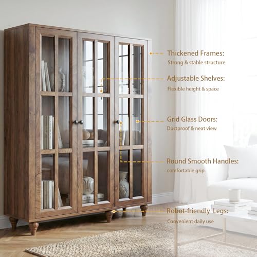 51" Farmhouse Glass-Door Bookshelf with Adjustable Shelves — 3-Tier Display, view 5