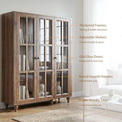51" Farmhouse Glass-Door Bookshelf with Adjustable Shelves — 3-Tier Display, view 5