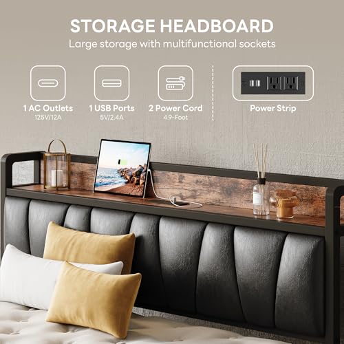 King Size Bed Frame with Storage Headboard and Charging Station, view 5