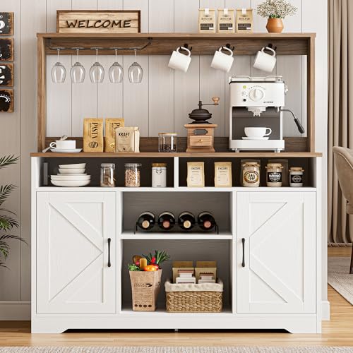 58" Farmhouse Coffee Bar Cabinet with Storage & Power Outlets, White, view 2