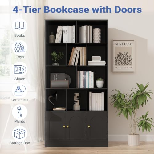 Modern Black 4-tier bookshelf with open shelves and doors, view 4