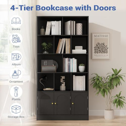 Modern Black 4-tier bookshelf with open shelves and doors, view 4